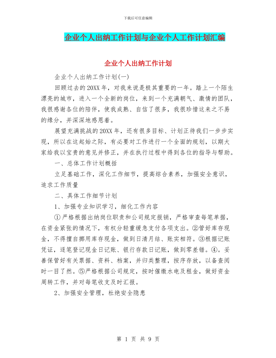 企业个人出纳工作计划与企业个人工作计划汇编_第1页