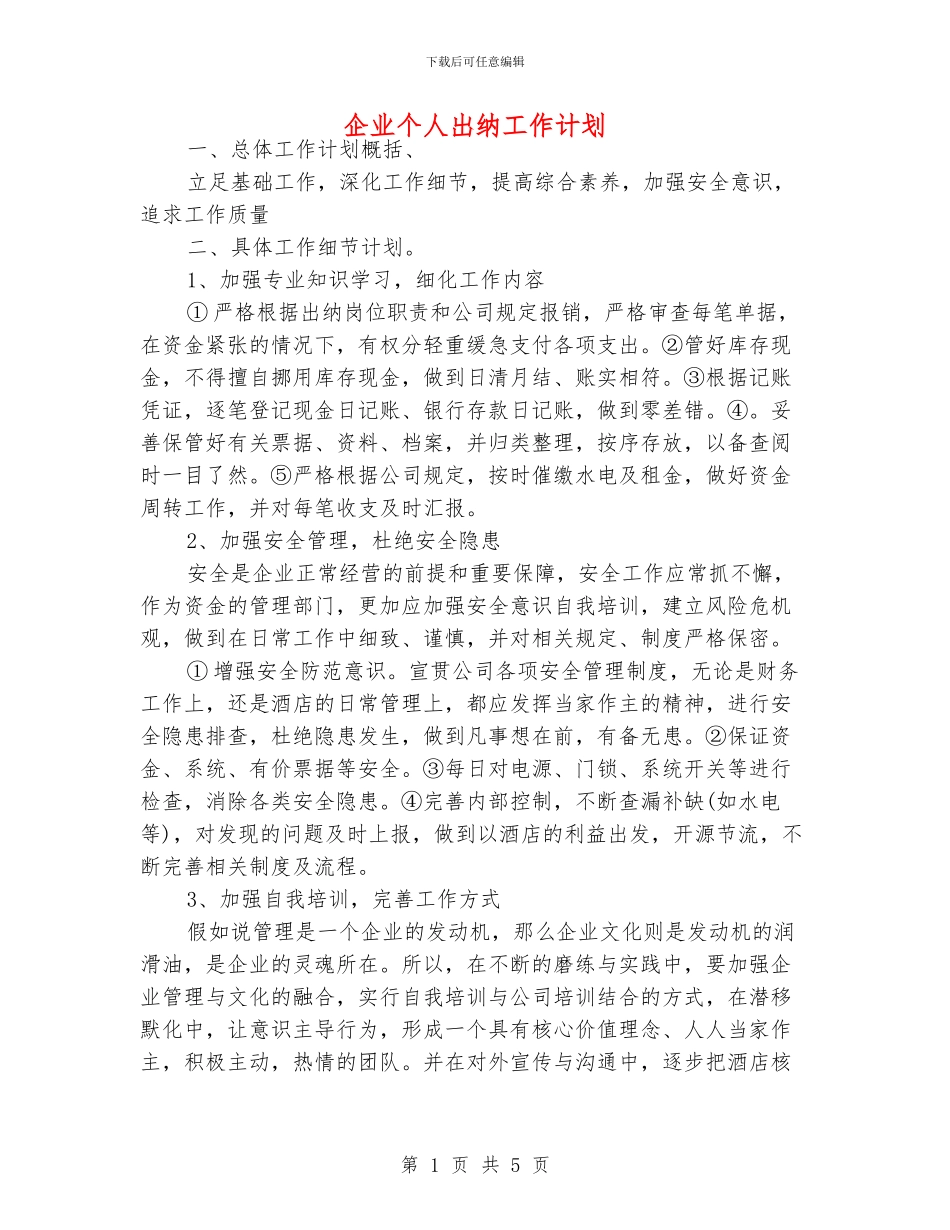 企业个人出纳工作计划_第1页