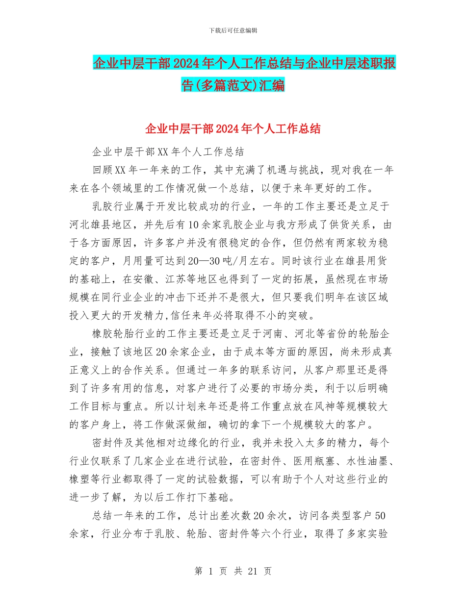 企业中层干部2024年个人工作总结与企业中层述职报告汇编_第1页