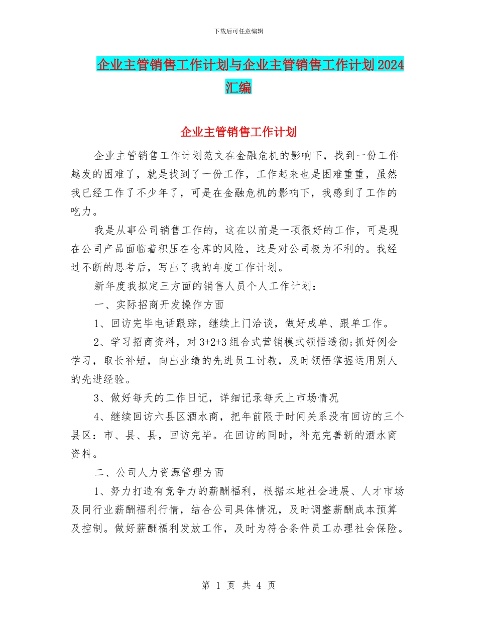 企业主管销售工作计划与企业主管销售工作计划2024汇编_第1页