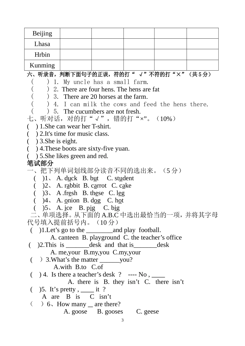 PEP小学英语四年级下册期末测试题_第3页