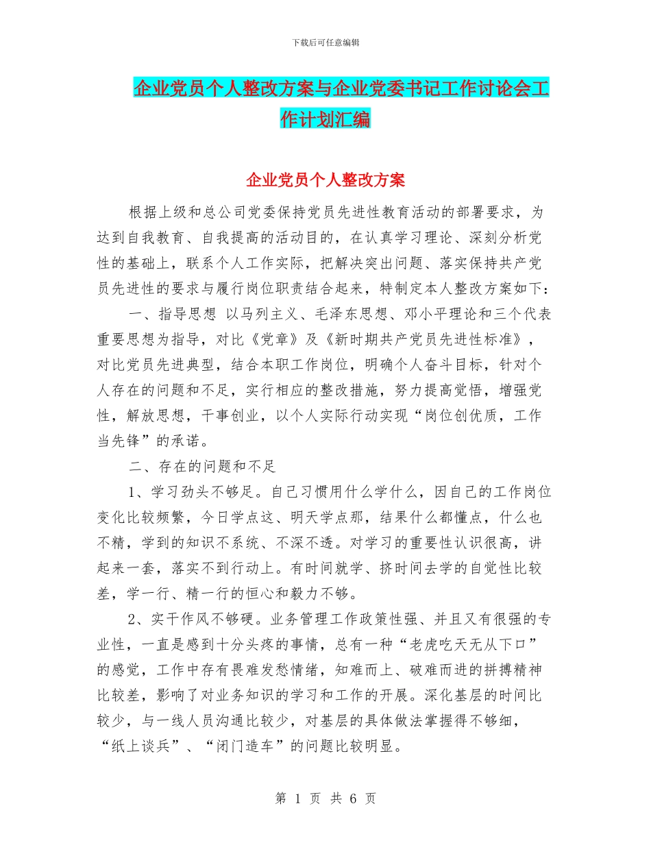 企业党员个人整改方案与企业党委书记工作研究会工作计划汇编_第1页