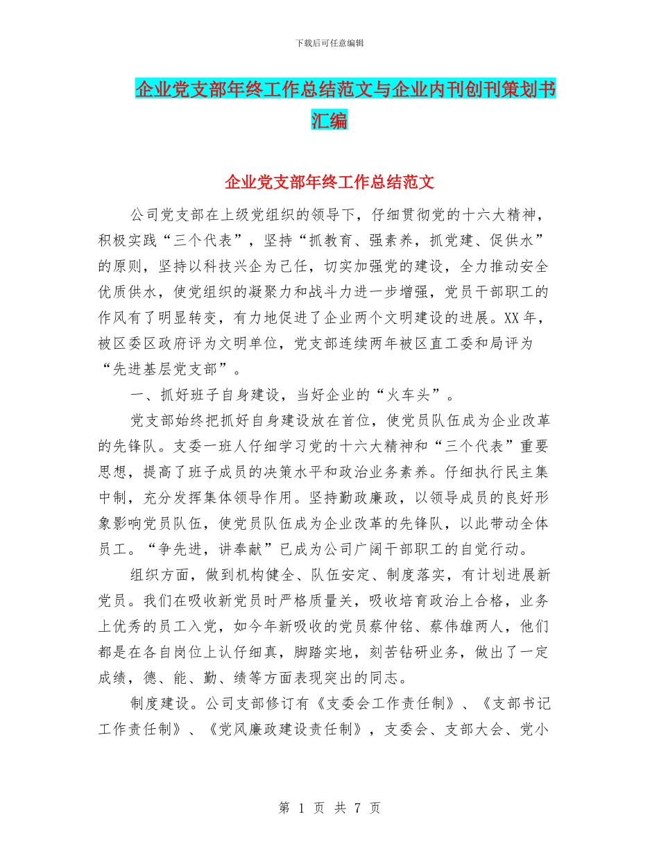 企业党支部年终工作总结范文与企业内刊创刊策划书汇编_第1页