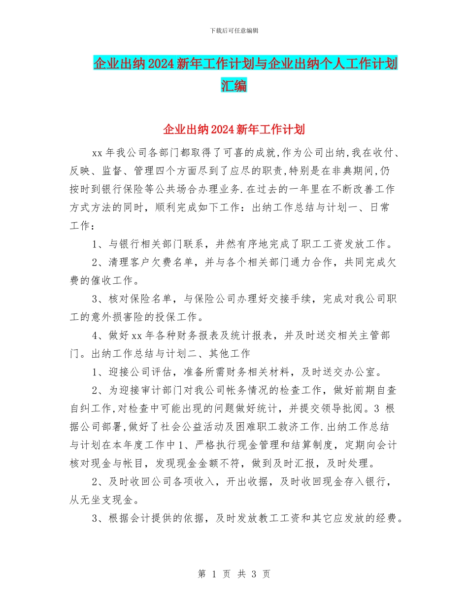 企业出纳2024新年工作计划与企业出纳个人工作计划汇编_第1页