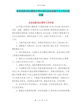企业出纳2024新年工作计划与企业出纳个人工作计划汇编