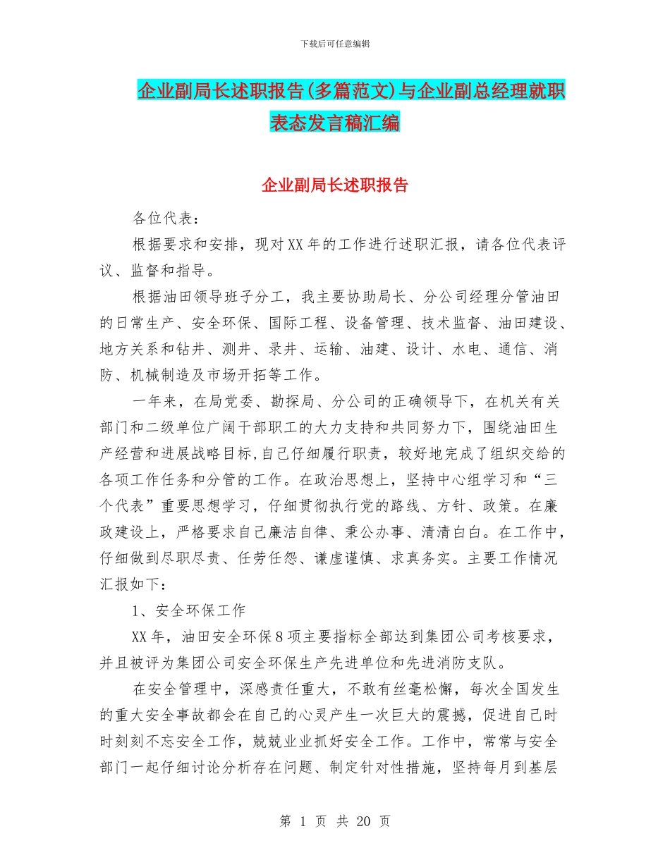 企业副局长述职报告与企业副总经理就职表态发言稿汇编_第1页