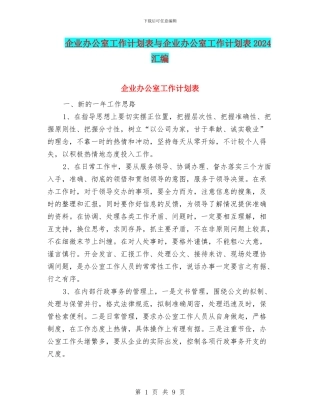 企业办公室工作计划表与企业办公室工作计划表2024汇编