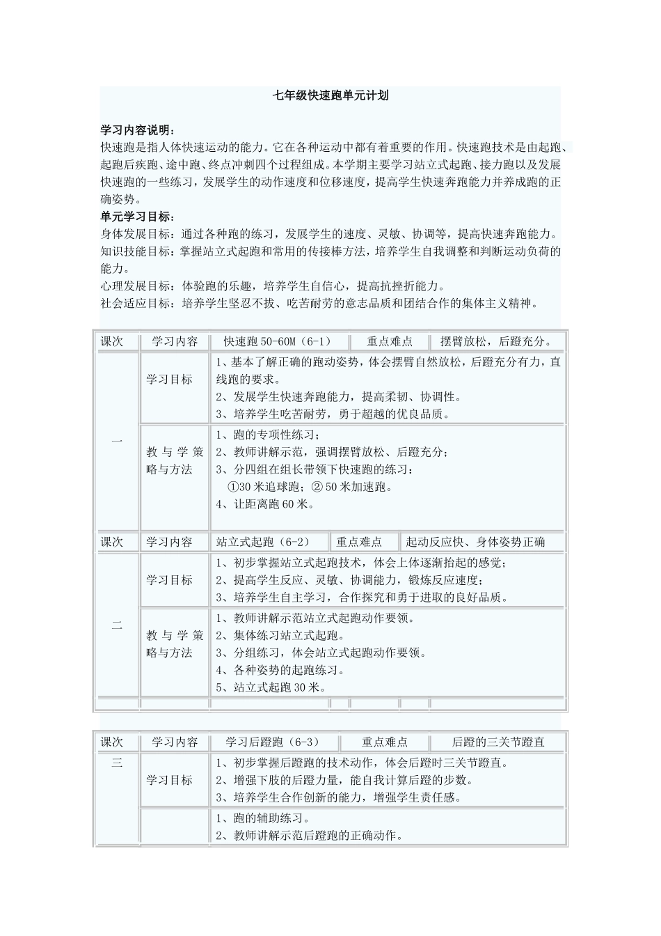 七年级快速跑单元计划_第1页