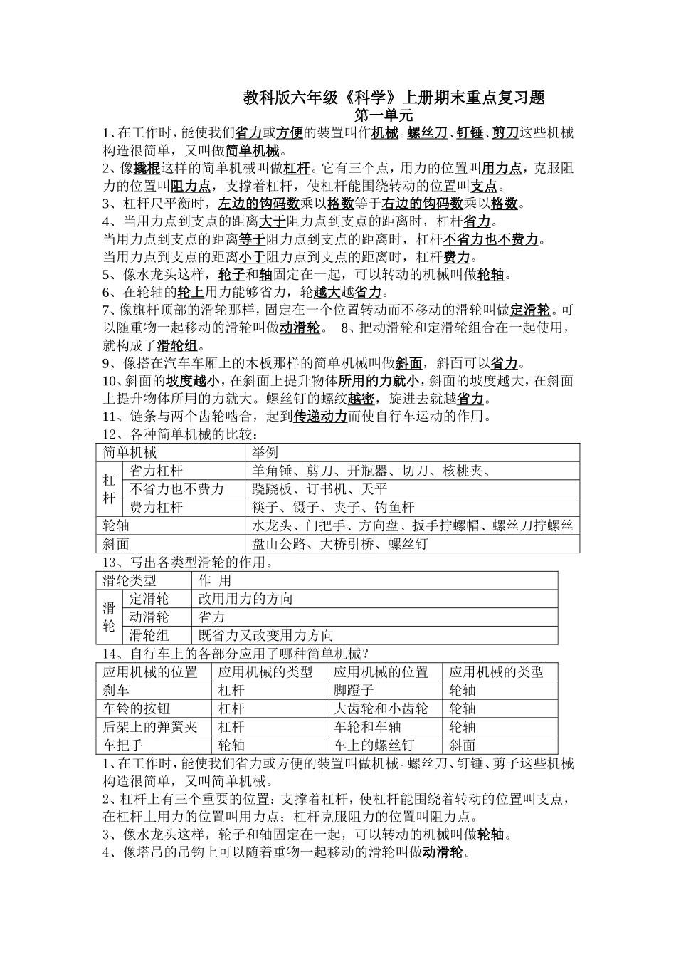 教科版六年级上册科学复习题_第1页