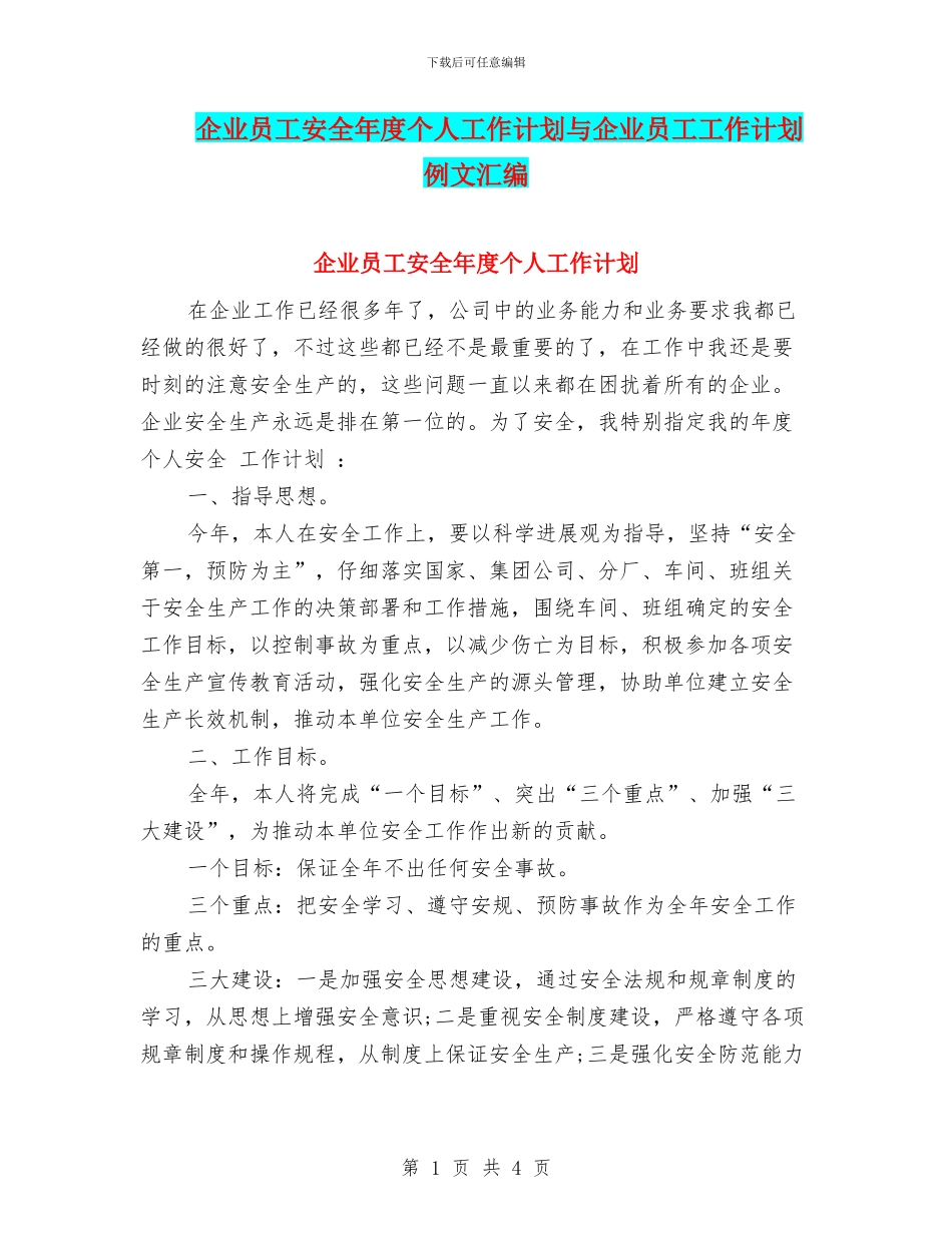 企业员工安全年度个人工作计划与企业员工工作计划例文汇编_第1页