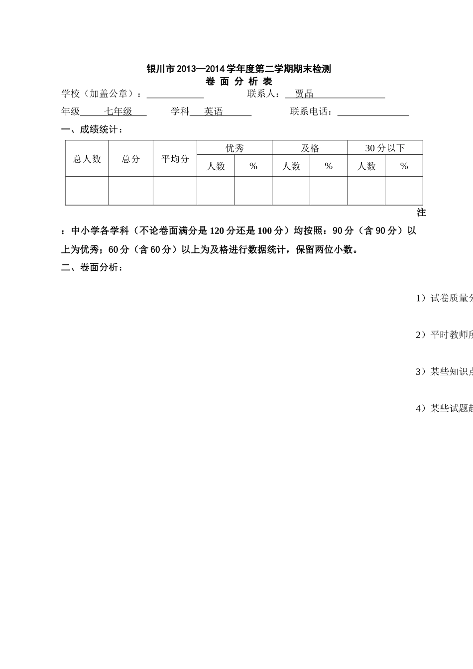 七年级英语卷面分析表_第1页