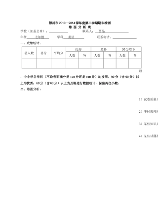 七年级英语卷面分析表