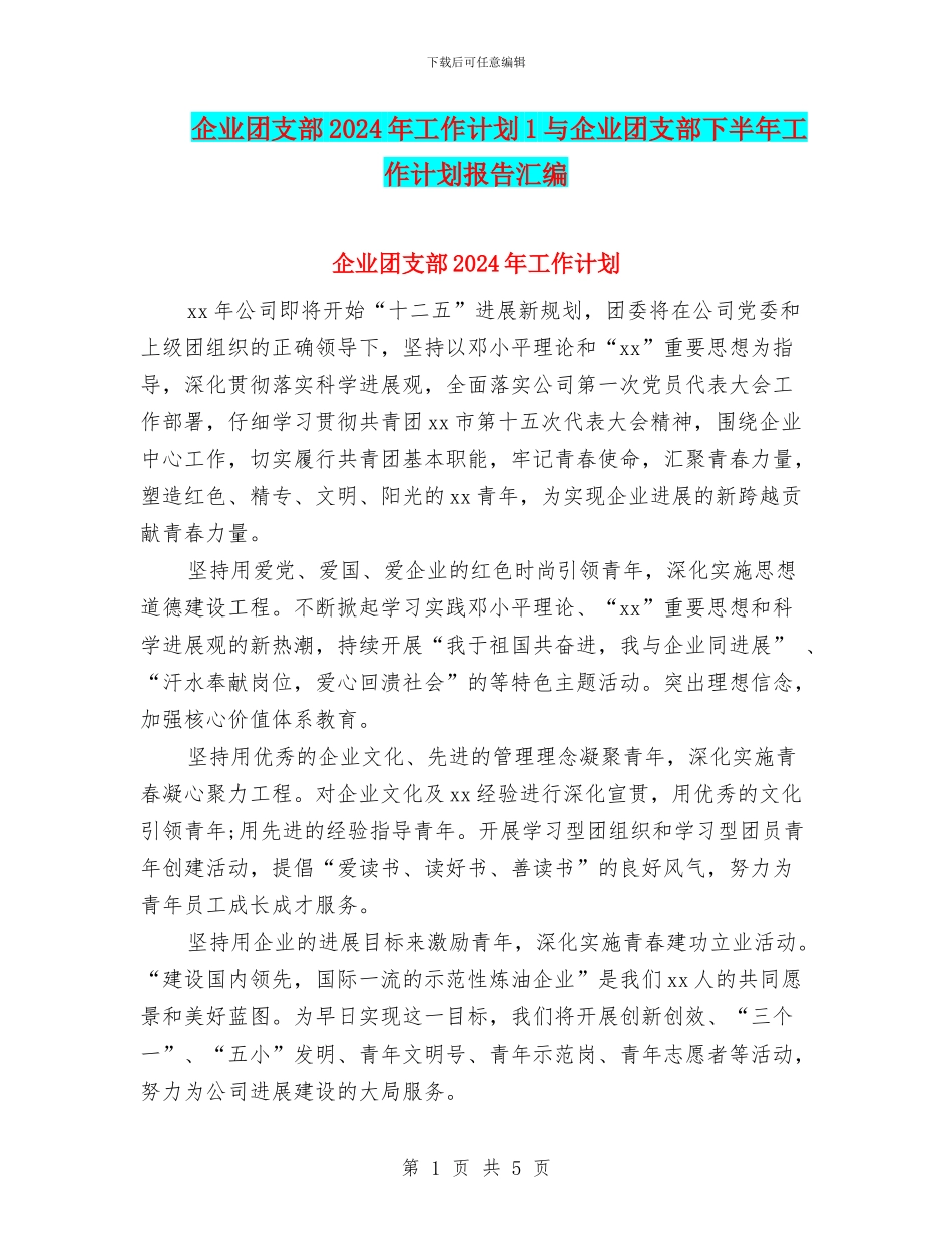 企业团支部2024年工作计划1与企业团支部下半年工作计划报告汇编_第1页