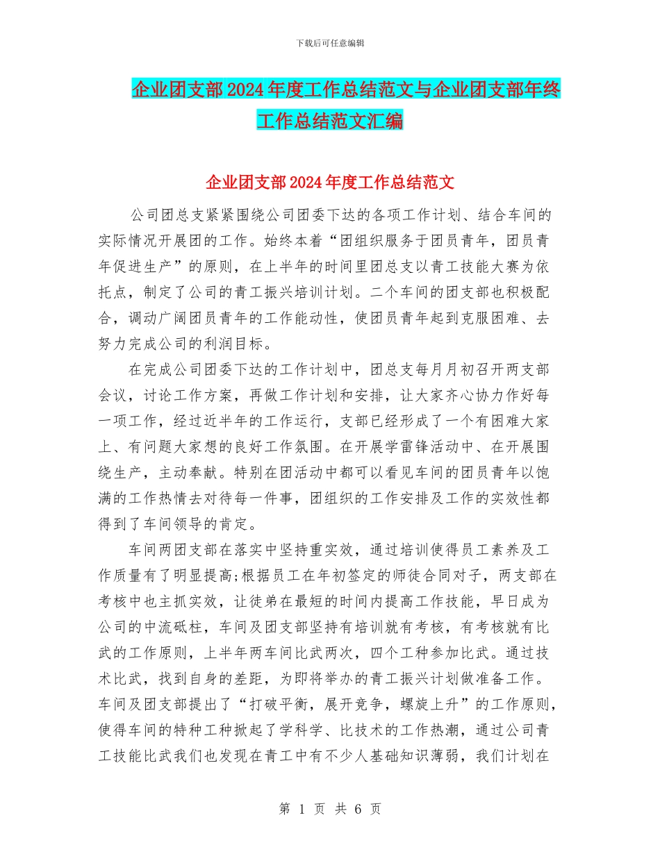 企业团支部2024年度工作总结范文与企业团支部年终工作总结范文汇编_第1页