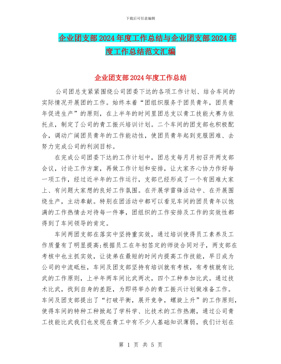 企业团支部2024年度工作总结与企业团支部2024年度工作总结范文汇编_第1页