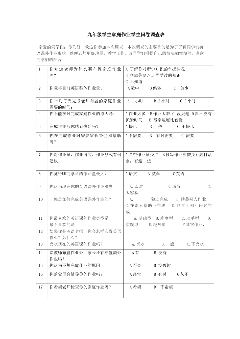 家庭作业学生问卷调查表_第1页