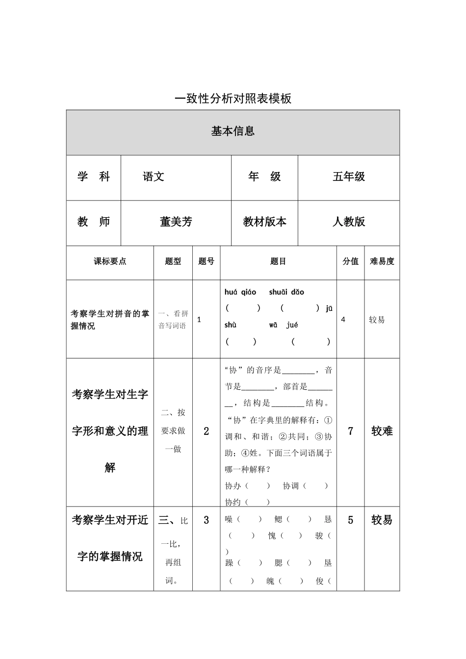 五年级试卷一致性分析_第1页