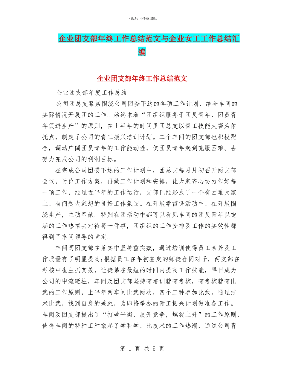 企业团支部年终工作总结范文与企业女工工作总结汇编_第1页