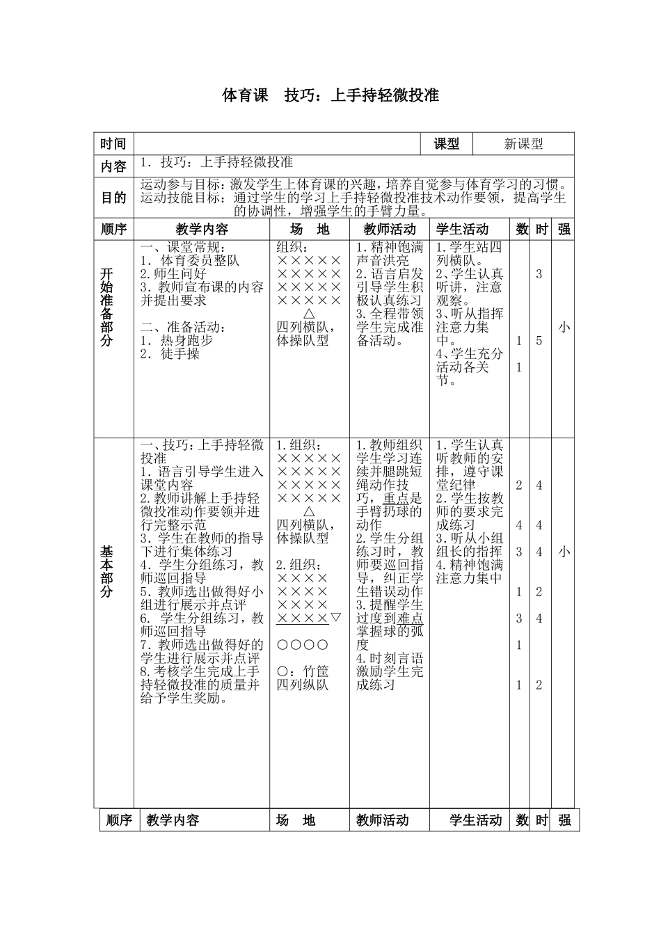 来宾祥和小学一年级体育课教案技巧：上手持轻微投准_第1页