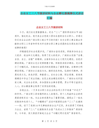 企业女工三八节演讲材料与企业孵化器揭牌仪式讲话汇编