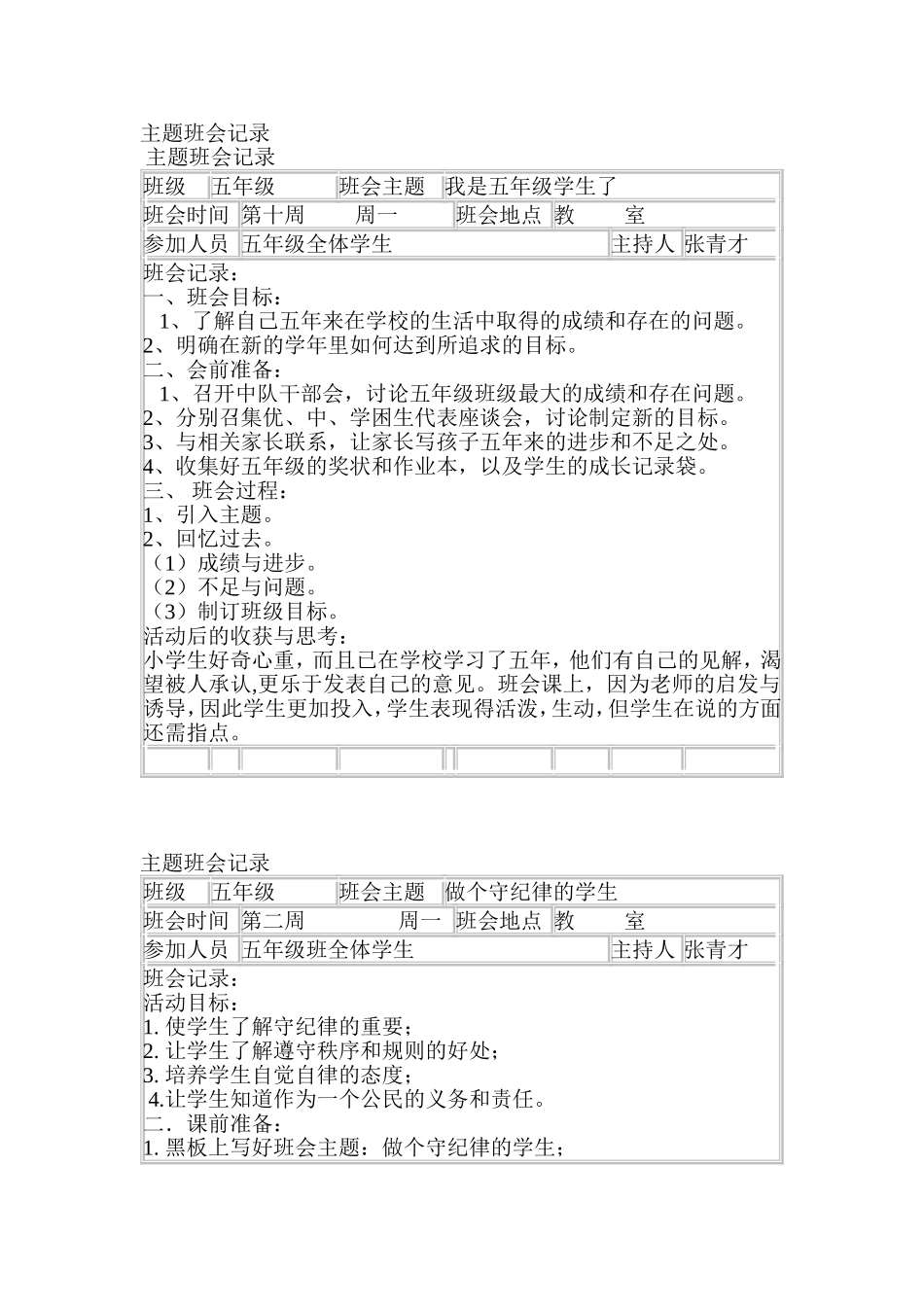 五年级主题班会记录_第1页