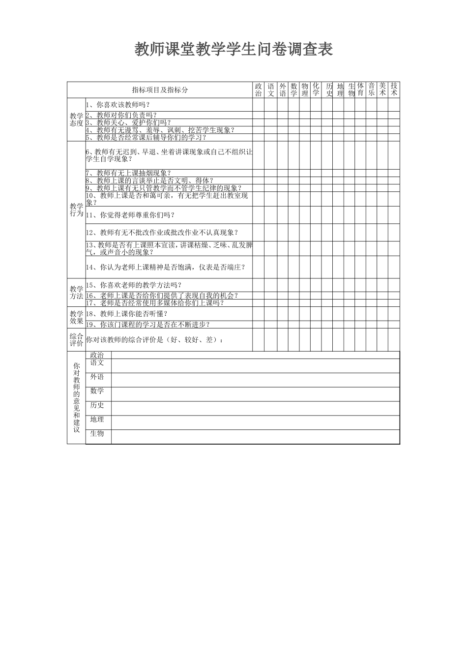 教师课堂教学学生问卷调查表_第1页
