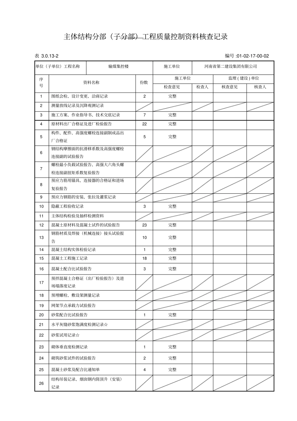 主体结构分部工程质量控制资料核查记录_第2页