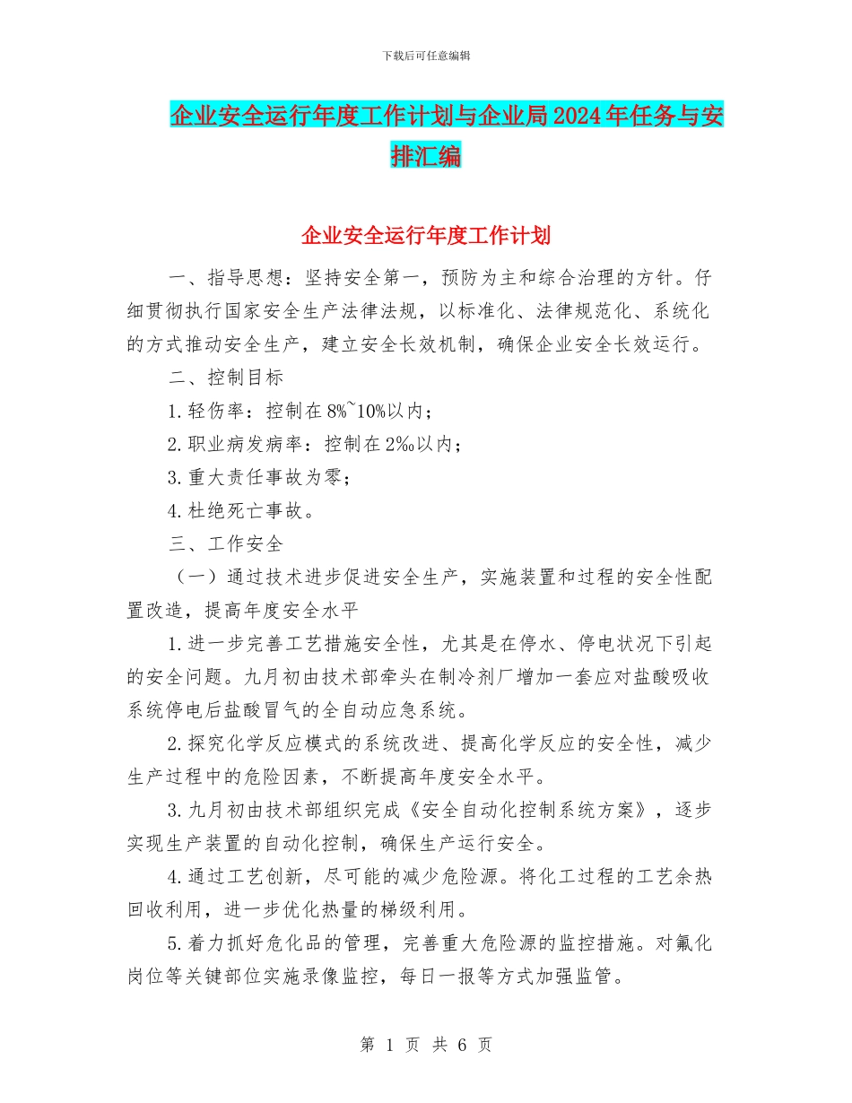 企业安全运行年度工作计划与企业局2024年任务与安排汇编_第1页