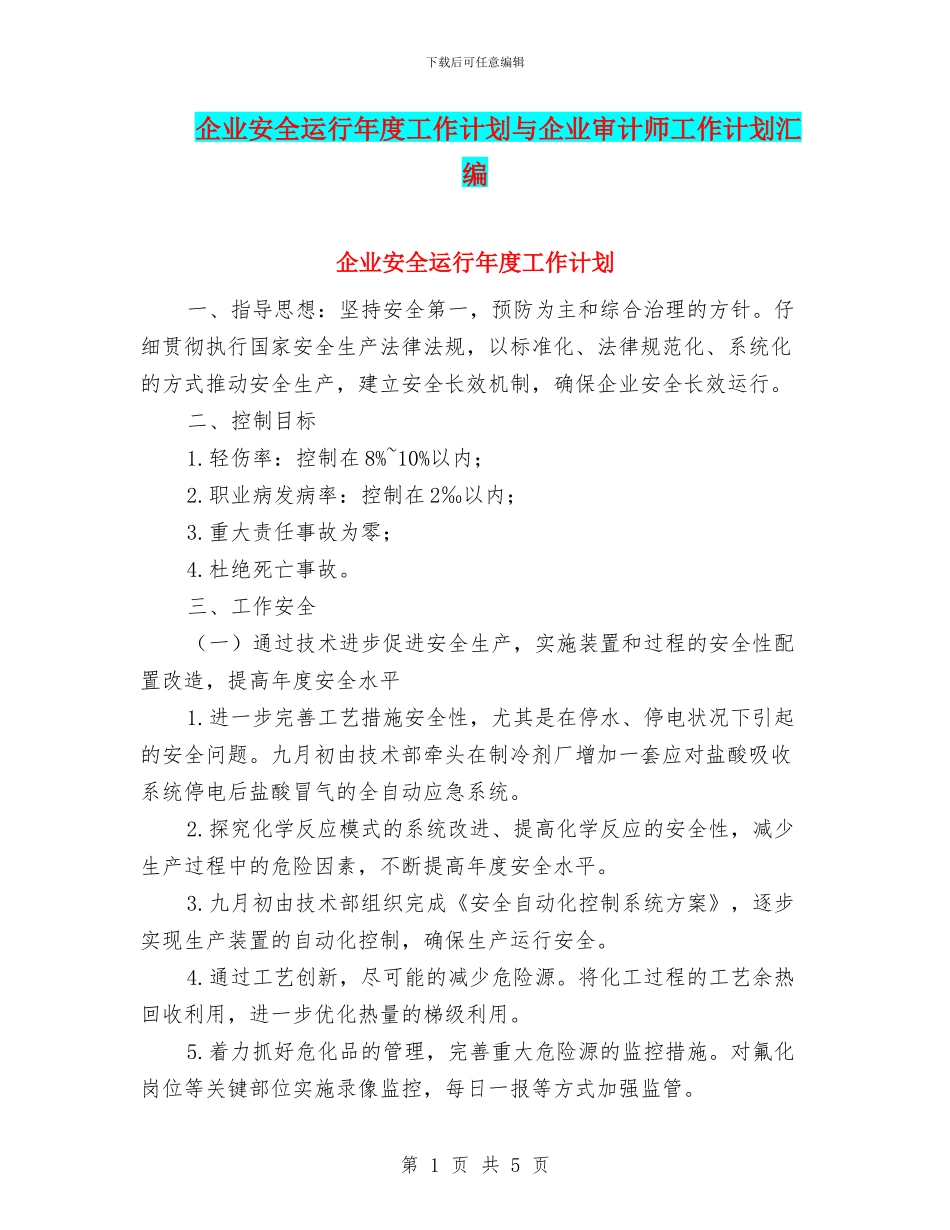 企业安全运行年度工作计划与企业审计师工作计划汇编_第1页