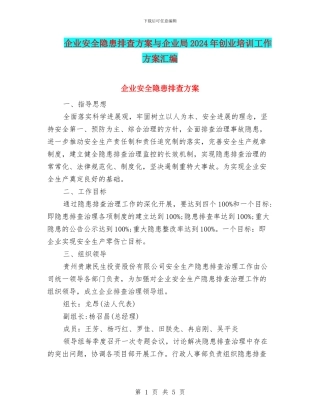 企业安全隐患排查方案与企业局2024年创业培训工作方案汇编