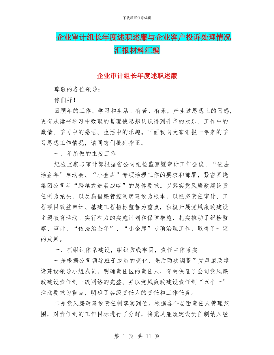 企业审计组长年度述职述廉与企业客户投诉处理情况汇报材料汇编_第1页