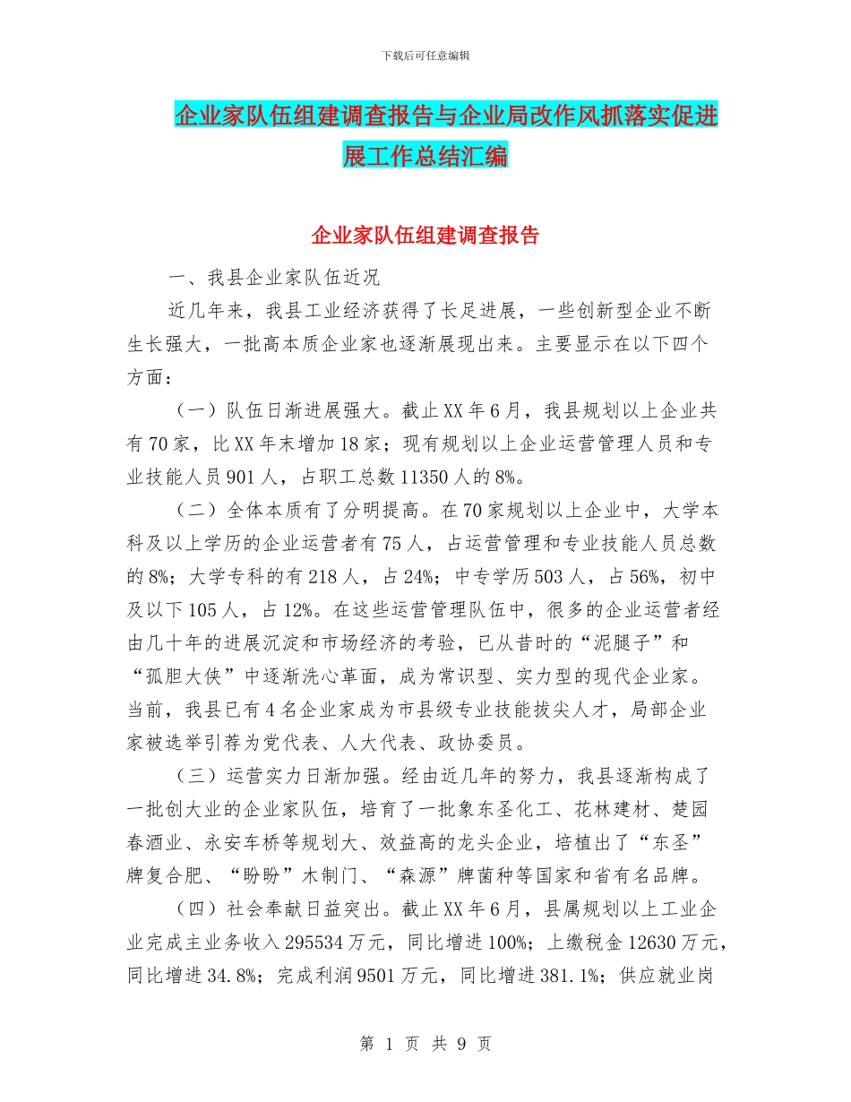 企业家队伍组建调查报告与企业局改作风抓落实促发展工作总结汇编_第1页