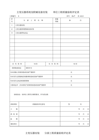 主变压器系统及其附属设备安装单位工程质量验收评定表