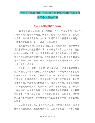 企业文化部试用期工作总结与企业机电科供电车间技术员个人总结汇编