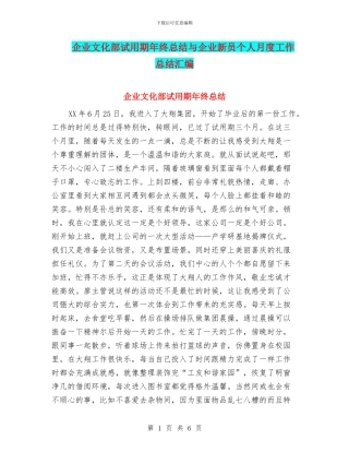 企业文化部试用期年终总结与企业新员个人月度工作总结汇编