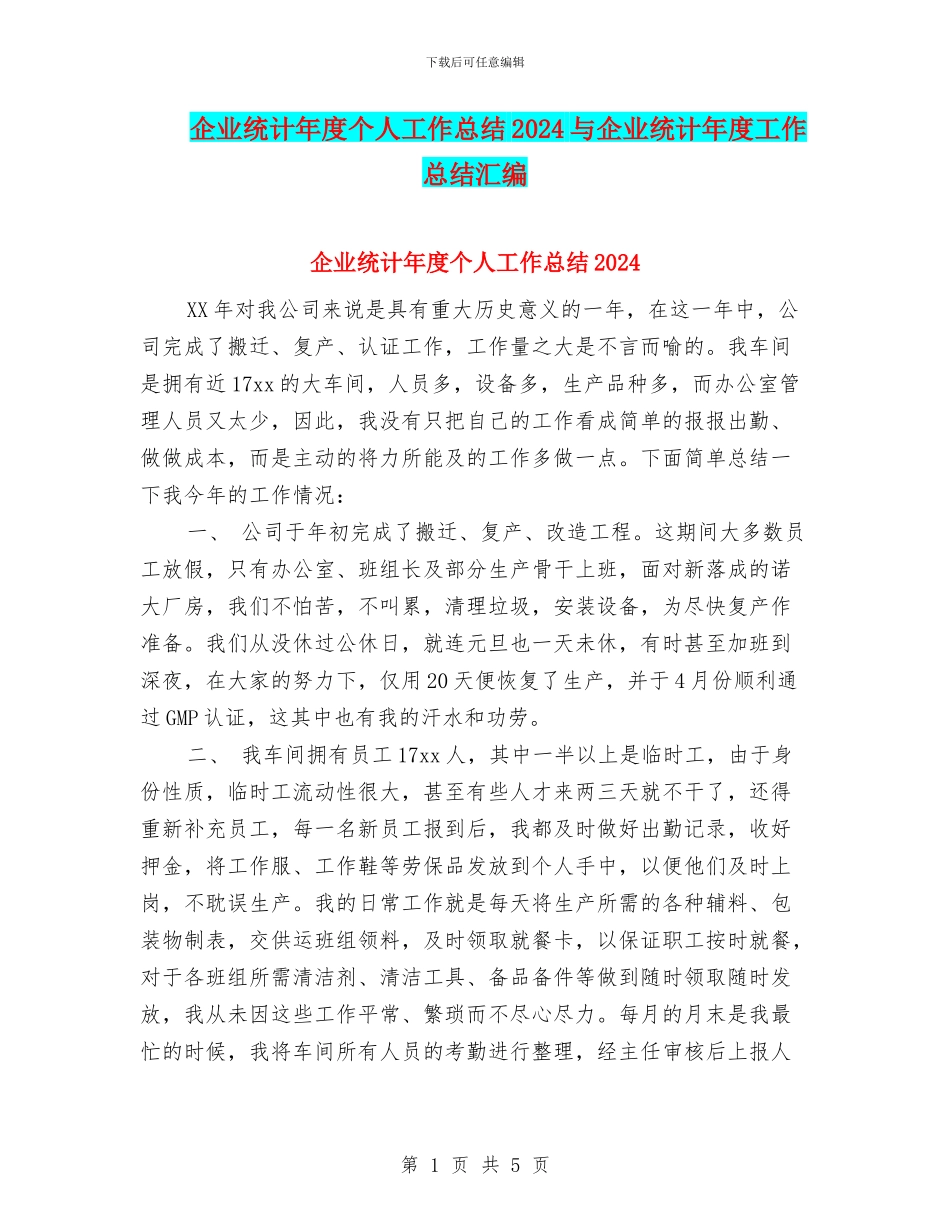 企业统计年度个人工作总结2024与企业统计年度工作总结汇编_第1页