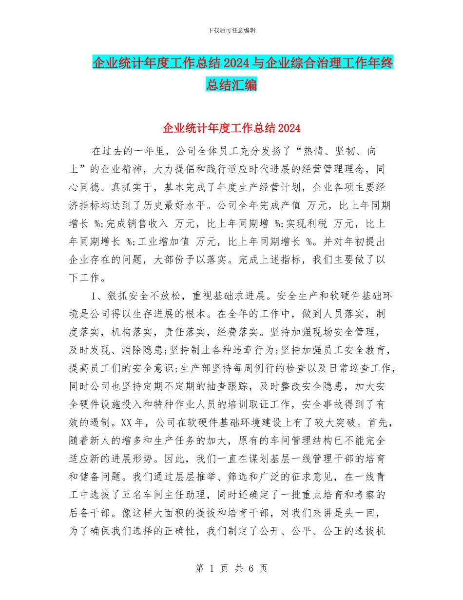 企业统计年度工作总结2024与企业综合治理工作年终总结汇编_第1页