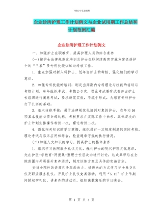企业诊所护理工作计划例文与企业试用期工作总结和计划范例汇编