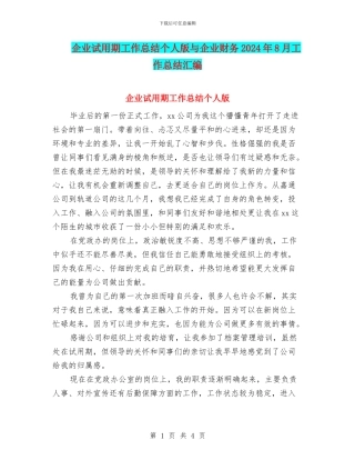 企业试用期工作总结个人版与企业财务2024年8月工作总结汇编