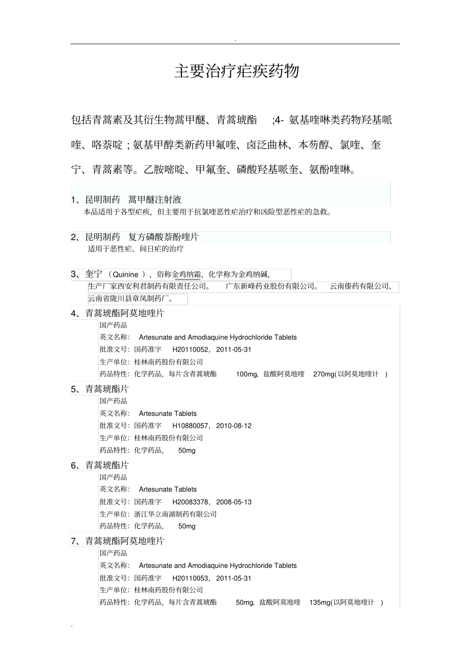主要治疗疟疾药物_第1页