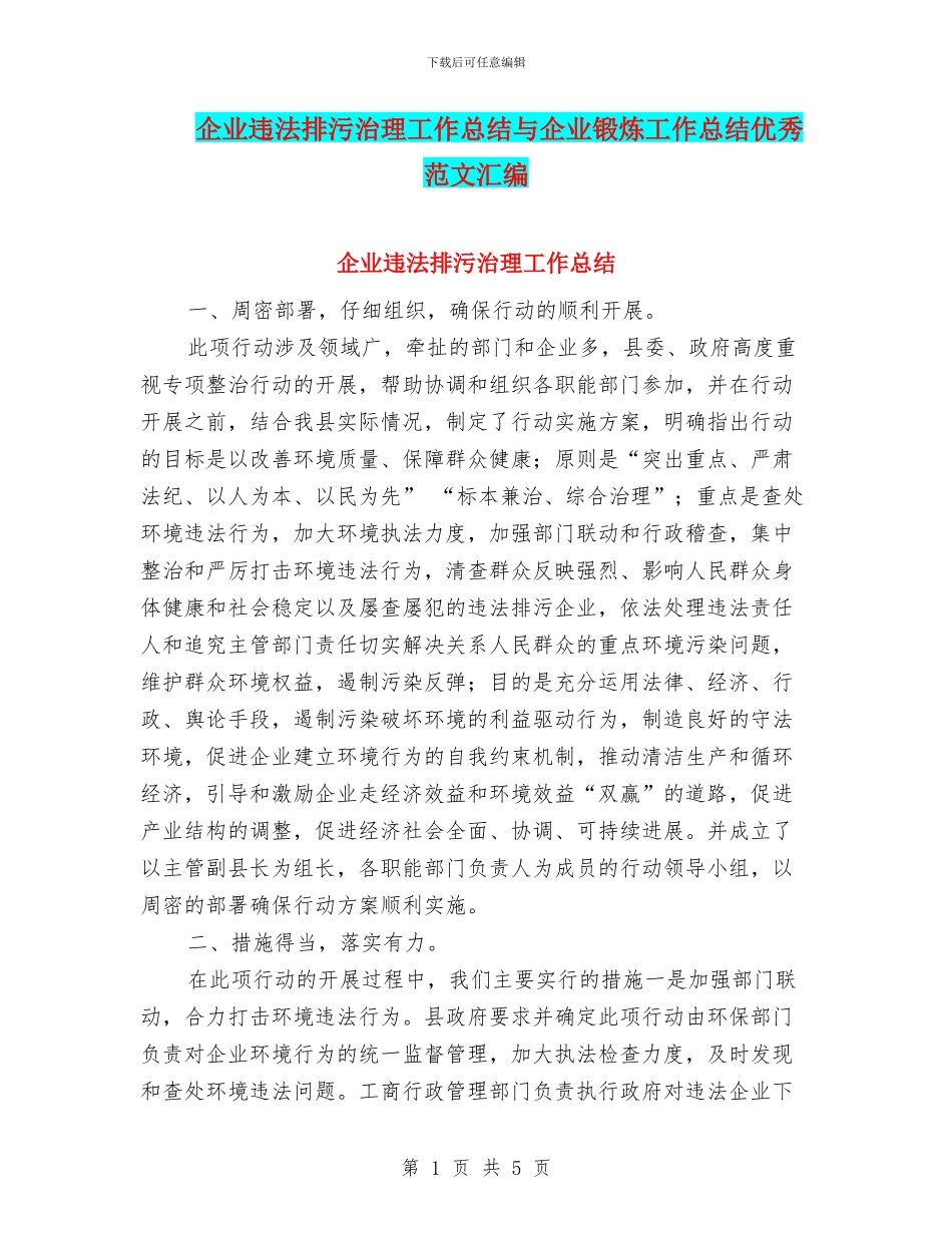 企业违法排污治理工作总结与企业锻炼工作总结优秀范文汇编_第1页