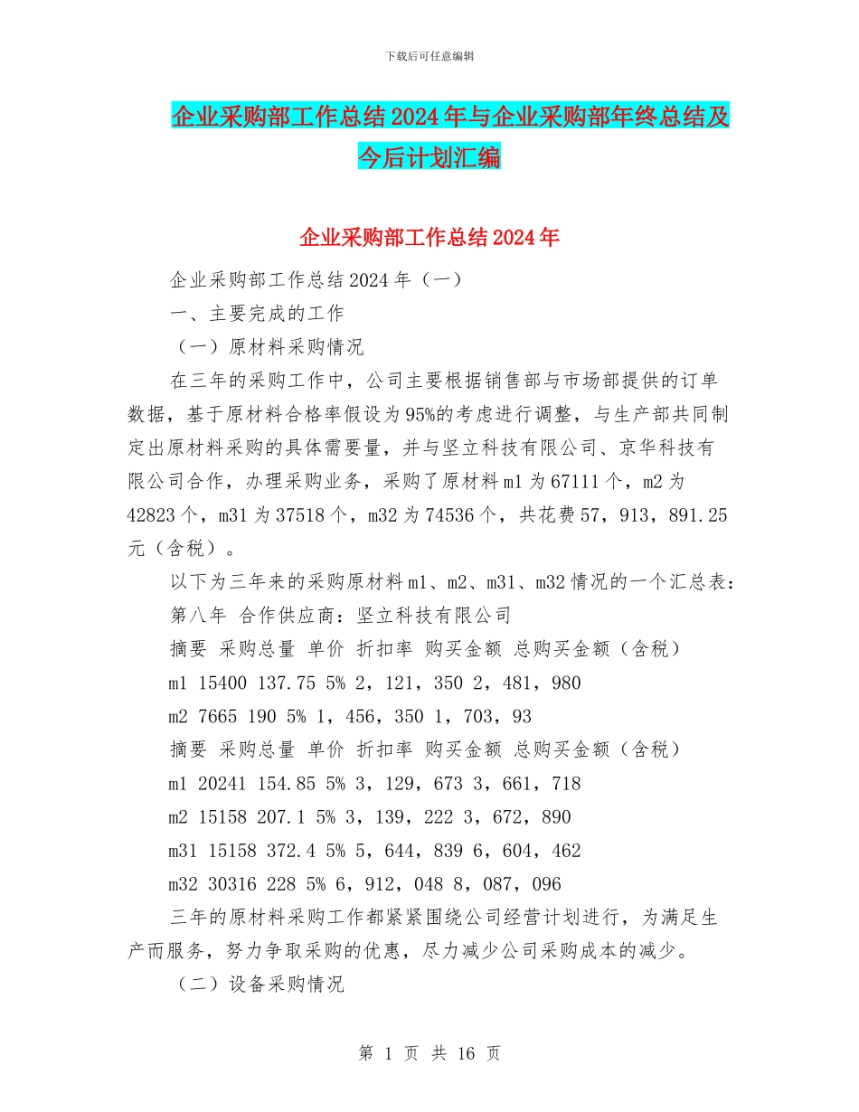 企业采购部工作总结2024年与企业采购部年终总结及今后计划汇编_第1页
