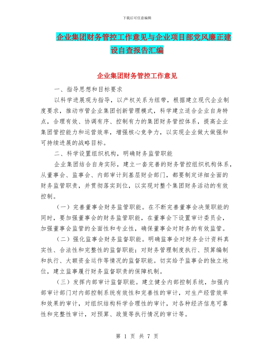 企业集团财务管控工作意见与企业项目部党风廉正建设自查报告汇编_第1页