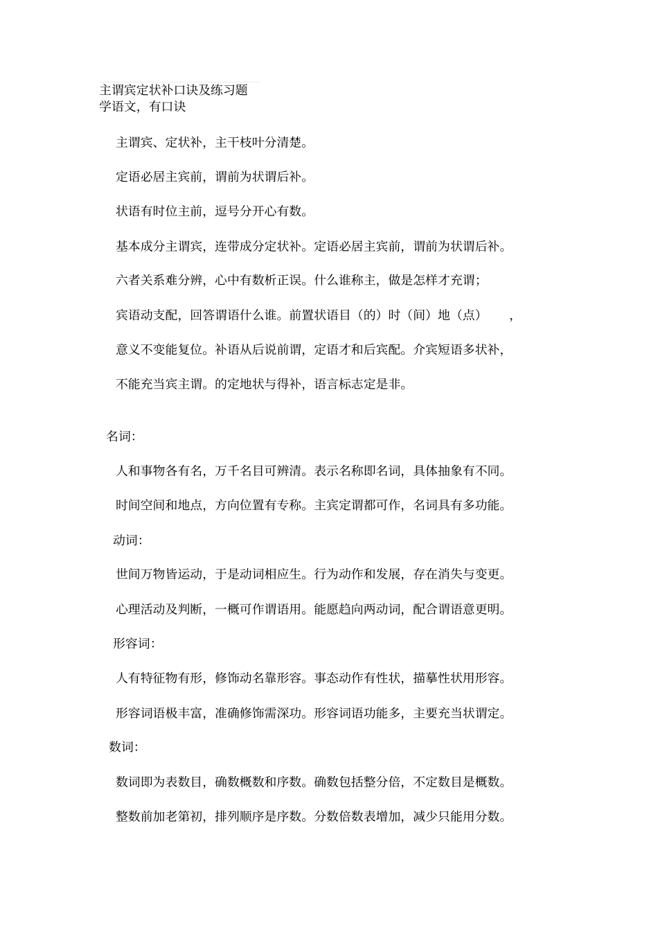 主谓宾定状补口诀及练习题剖析_第1页