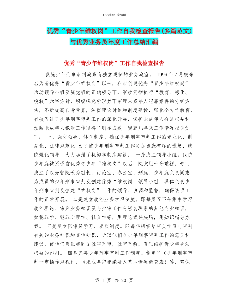 优秀“青少年维权岗”工作自我检查报告与优秀业务员年度工作总结汇编_第1页