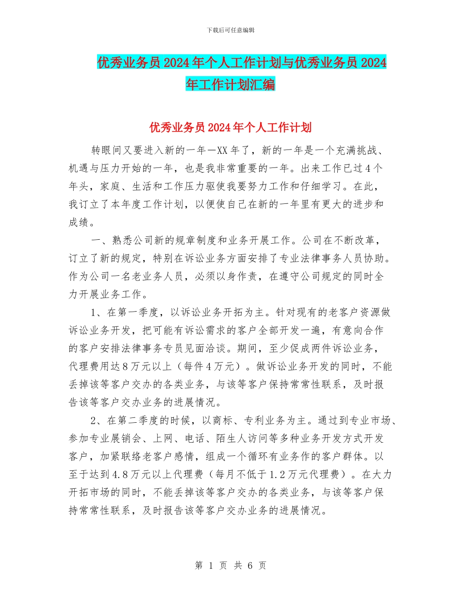 优秀业务员2024年个人工作计划与优秀业务员2024年工作计划汇编_第1页