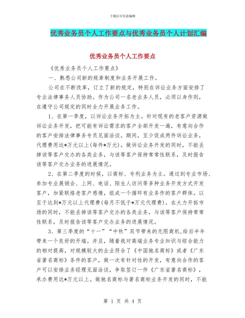 优秀业务员个人工作要点与优秀业务员个人计划汇编_第1页
