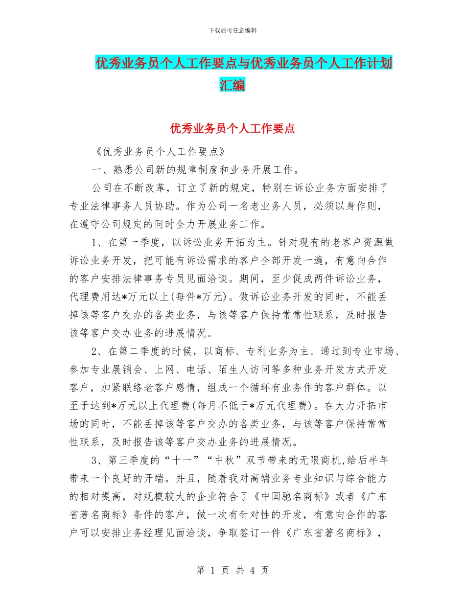 优秀业务员个人工作要点与优秀业务员个人工作计划汇编_第1页