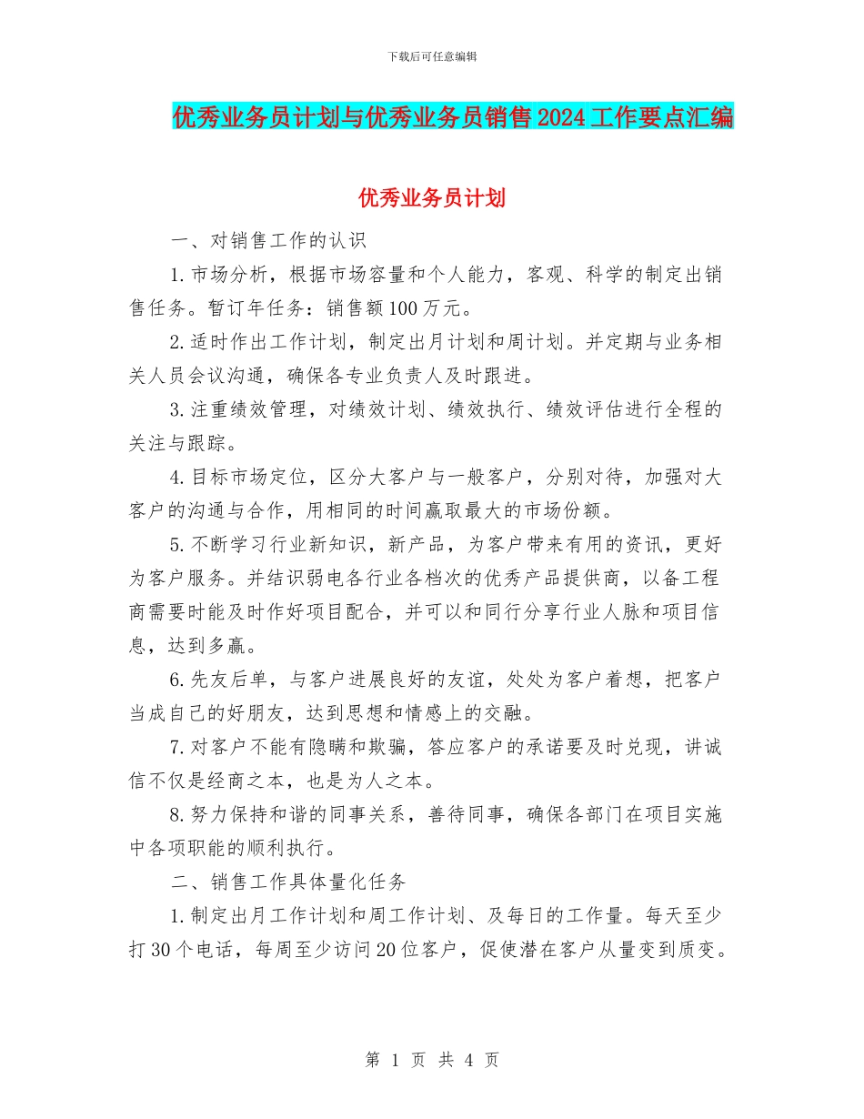 优秀业务员计划与优秀业务员销售2024工作要点汇编_第1页