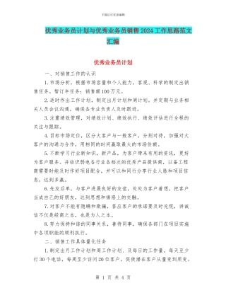 优秀业务员计划与优秀业务员销售2024工作思路范文汇编